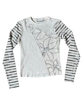 Desigual White Black Ribbed Long Sleeve Tee T Shirt Patchwork Floral Flower